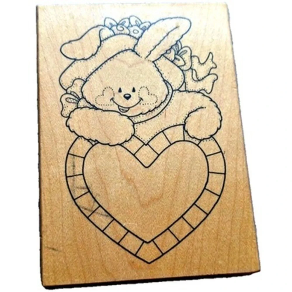 Darcie's Bunny Holding Heart Flower Hat Rubber Stamp Wood #C19